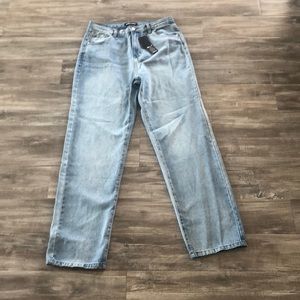 Blue denim extra long straight leg jeans